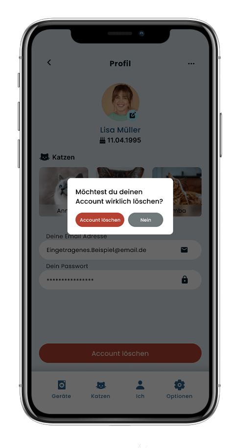 Mockup von einem Handy der Seite "Account löschen" der Pet Essentials App