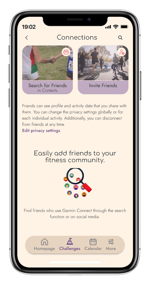 Mockup von einem Handy der Seite "Freunde finden" der Garmin App