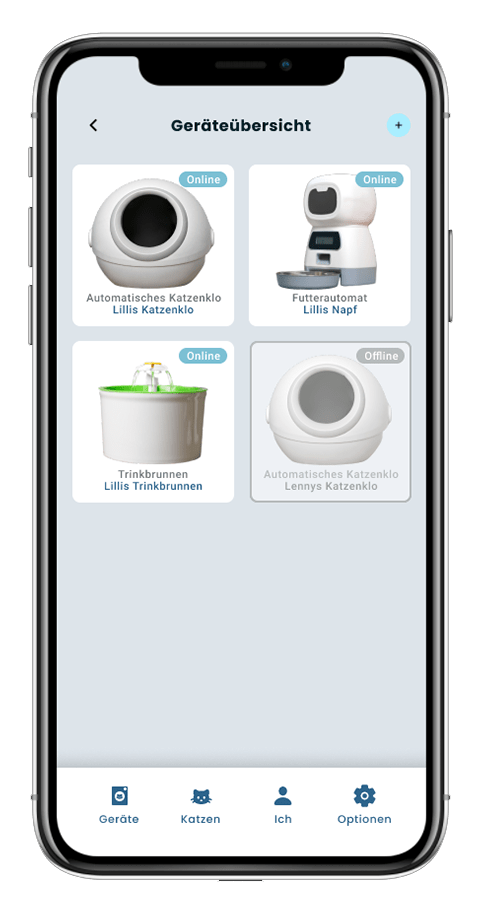 Mockup von einem Handy der Seite "Geräte Übersicht" der Pet Essentials App