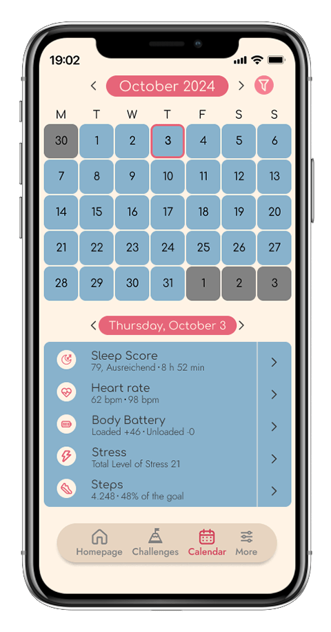 Mockup von einem Handy der Seite "Kalender" der Garmin App