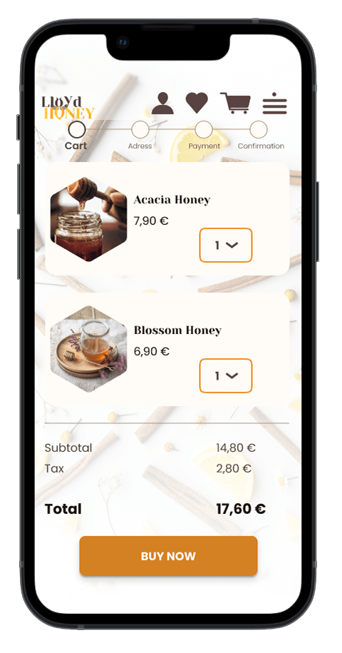 Mockup von einem Handy der Seite "Kasse" der Webseite Lloyd Honey