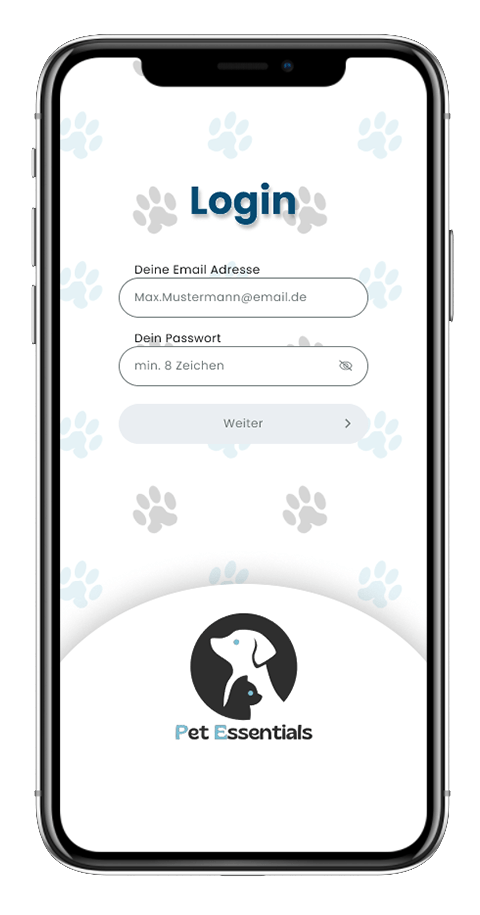 Mockup von einem Handy der Seite "Login" der Pet Essentials App
