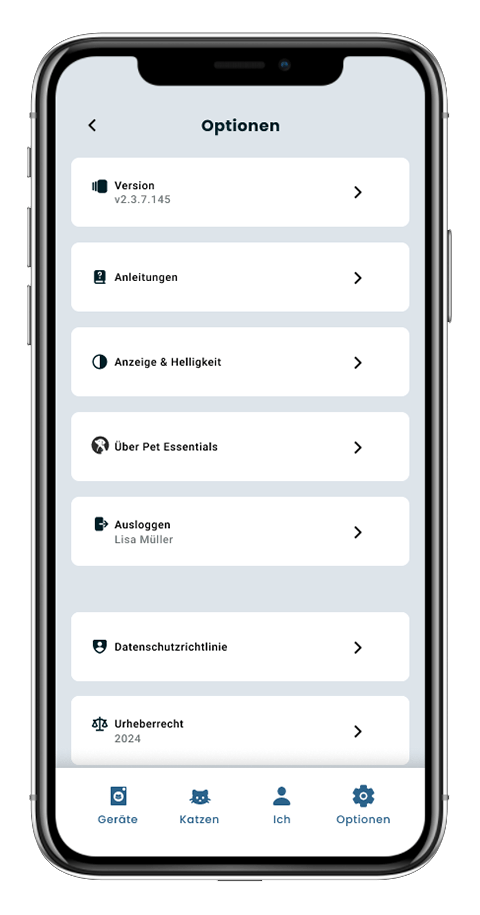 Mockup von einem Handy der Seite "Optionen" der Pet Essentials App