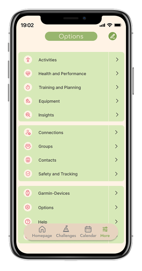 Mockup von einem Handy der Seite "Optionen" der Garmin App