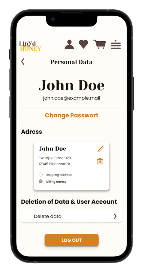 Mockup von einem Handy der Seite "Persönliche Daten" der Webseite Lloyd Honey