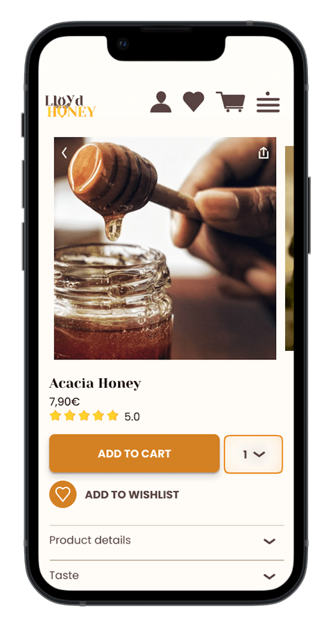 Mockup von einem Handy der Seite "Produkt Detail" der Webseite Lloyd Honey