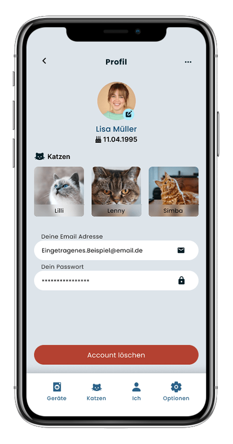 Mockup von einem Handy der Seite "Profil" der Pet Essentials App