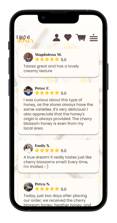 Mockup von einem Handy der Seite "Rezensionen" der Webseite Lloyd Honey