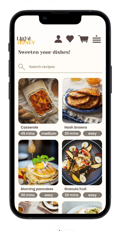 Mockup von einem Handy der Seite "Rezepte" der Webseite Lloyd Honey