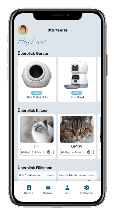 Mockup von einem Handy der Seite "Startseite" der Pet Essentials App