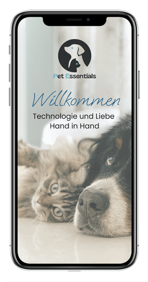 Mockup von einem Handy der Seite "Willkommen" der Pet Essentials App