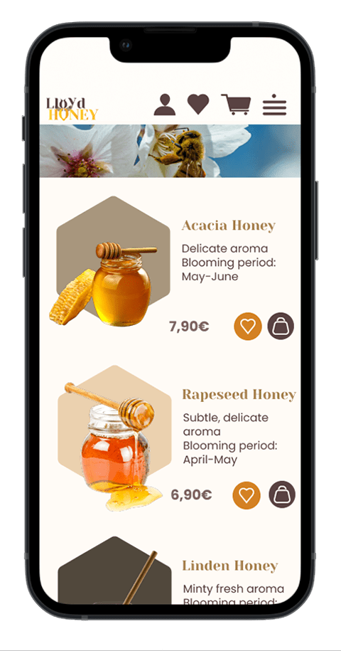 Mockup von einem Handy der Seite "Produktübersicht" der Webseite Lloyd Honey